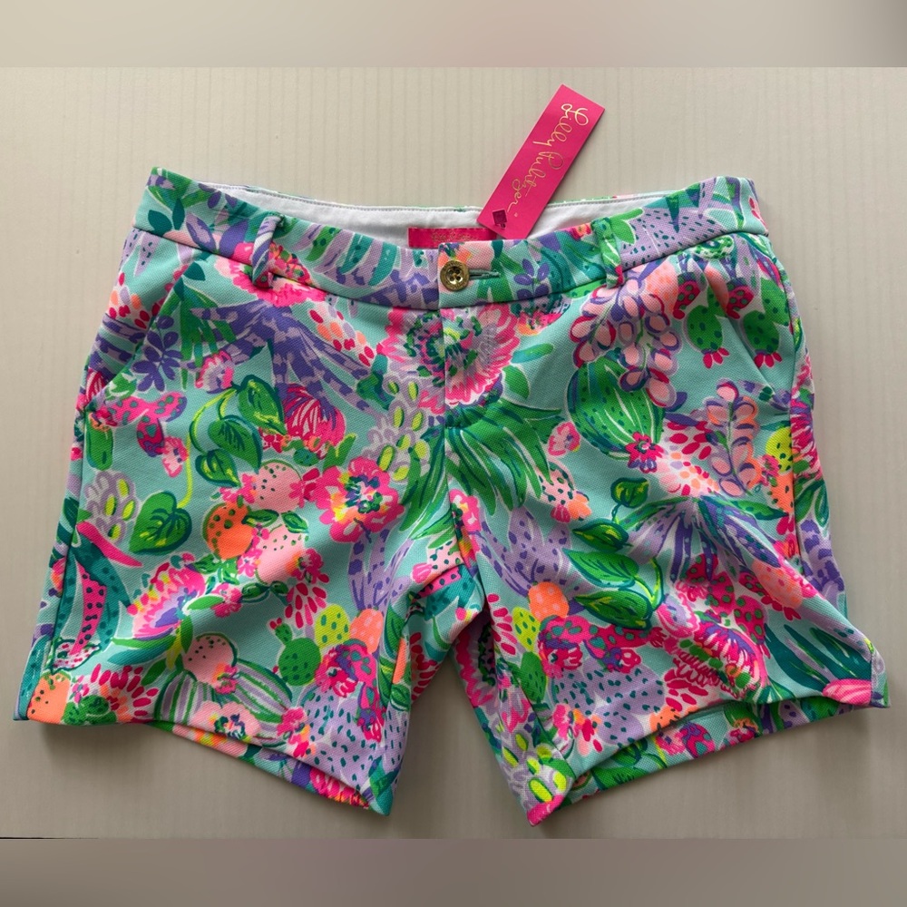 Lilly Pulitzer Pink and Green Bermuda Shorts Vibrant Tropical Print